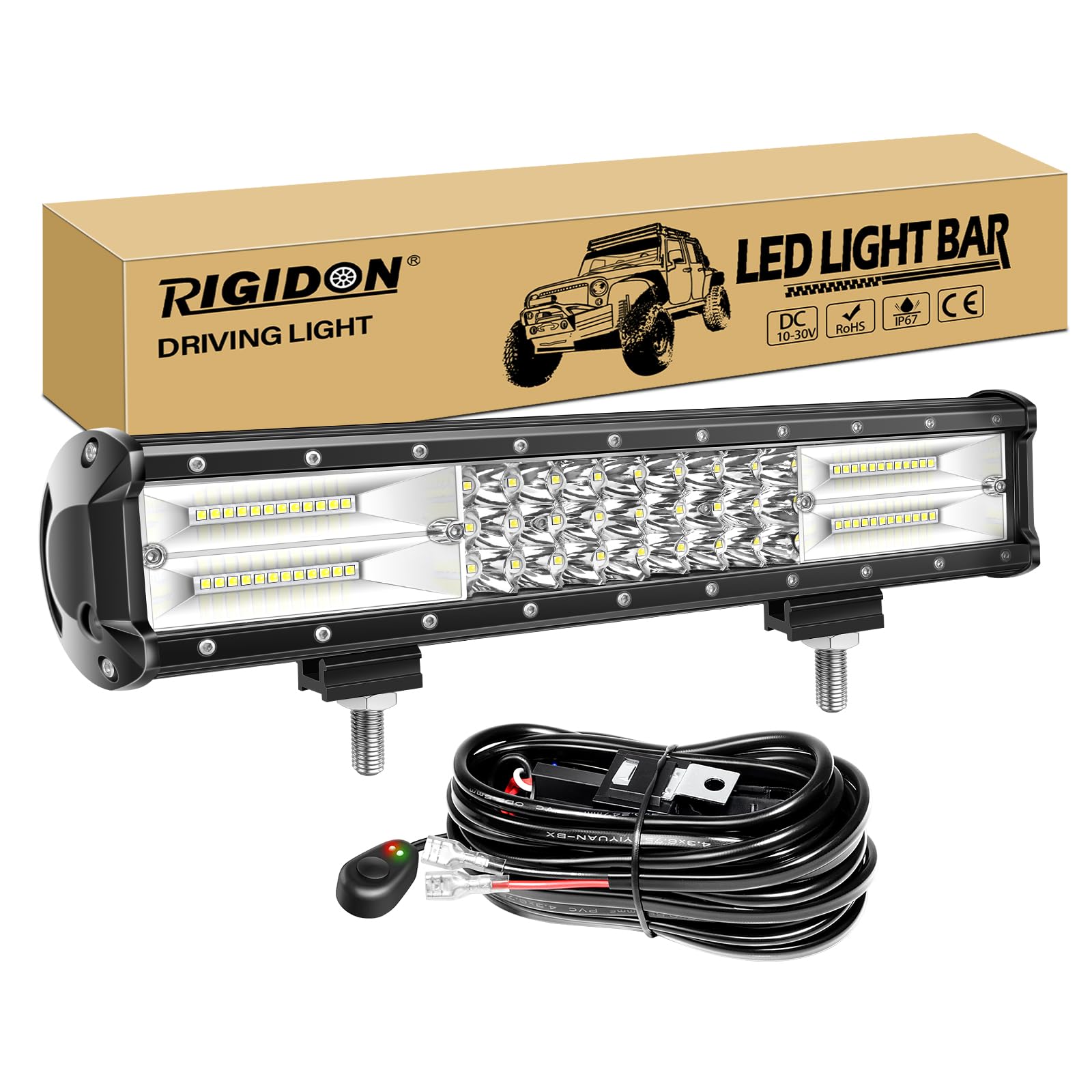 RIGIDON 15 Zoll 38 cm 216W Led Lichtbalken Mit Kabelbaum 12V 6000K Weiß Zusatzscheinwerfer Bar Spot Flut-Combo-Strahl Arbeitsscheinwerfer bar für SUV Offroad ATV UTV Traktor LKW 4x4 Auto von RIGIDON