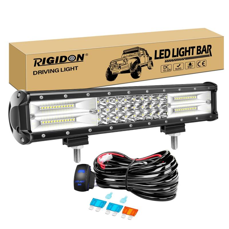 RIGIDON 15 Zoll 38cm 216W Wasserdichte Led lichtleiste kfz mit 12v kabelbaum kit, Offroad beleuchtung bar für Auto SUV ATV, LKW 4x4, Fahrzeuge, 6000K Weiß led nebelscheinwerfer, Led Work Light Bar von RIGIDON