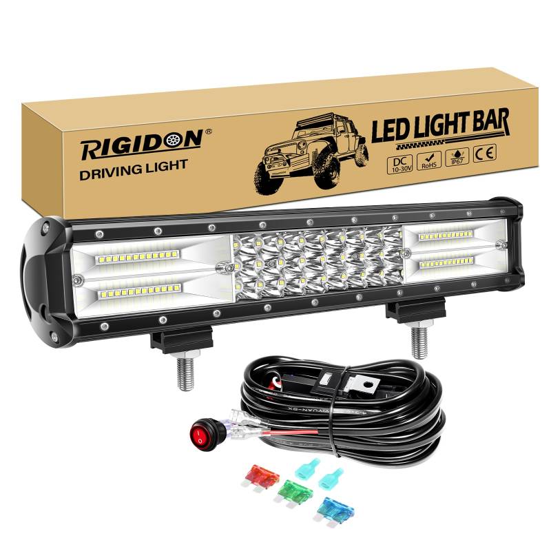 RIGIDON 15 Zoll 38cm 216W Wasserdichte Led lichtleiste kfz mit 12v kabelbaum kit, Offroad beleuchtung bar für Auto SUV UTV ATV, LKW 4x4, Fahrzeuge, 6000K Weiß led nebelscheinwerfer, Led arbeitslicht von RIGIDON