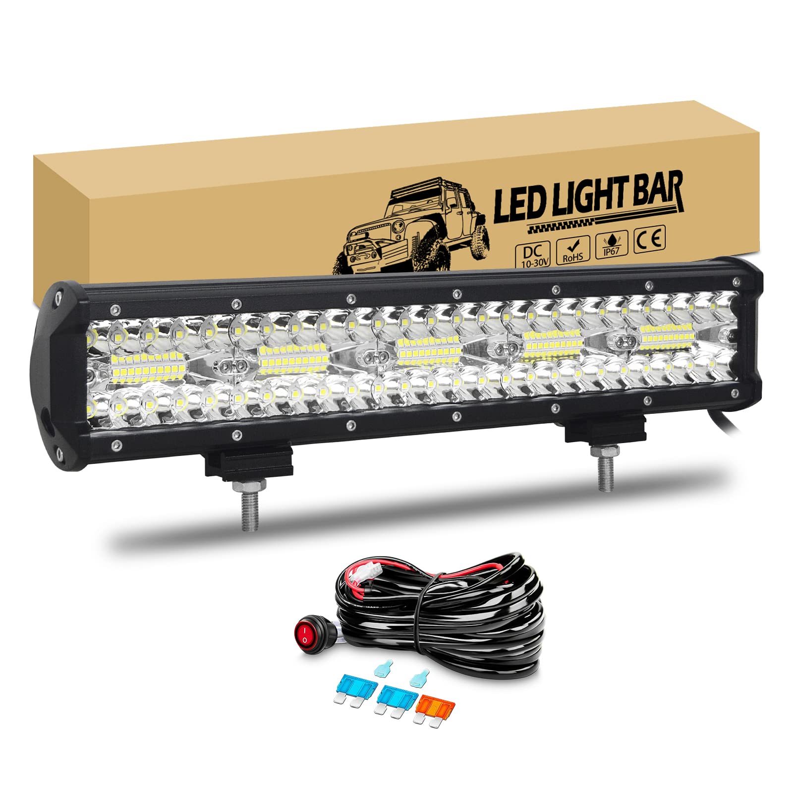 RIGIDON 15 Zoll 38cm 300W Led Arbeitsscheinwerfer Bar mit 12V Kabelbaum, Led Lichtbalken Lichtleiste Arbeitslicht für 4x4 Offroad Auto SUV KFZ LKW Fahrzeuge, 6000K Weiß Zusatzscheinwerfer von RIGIDON