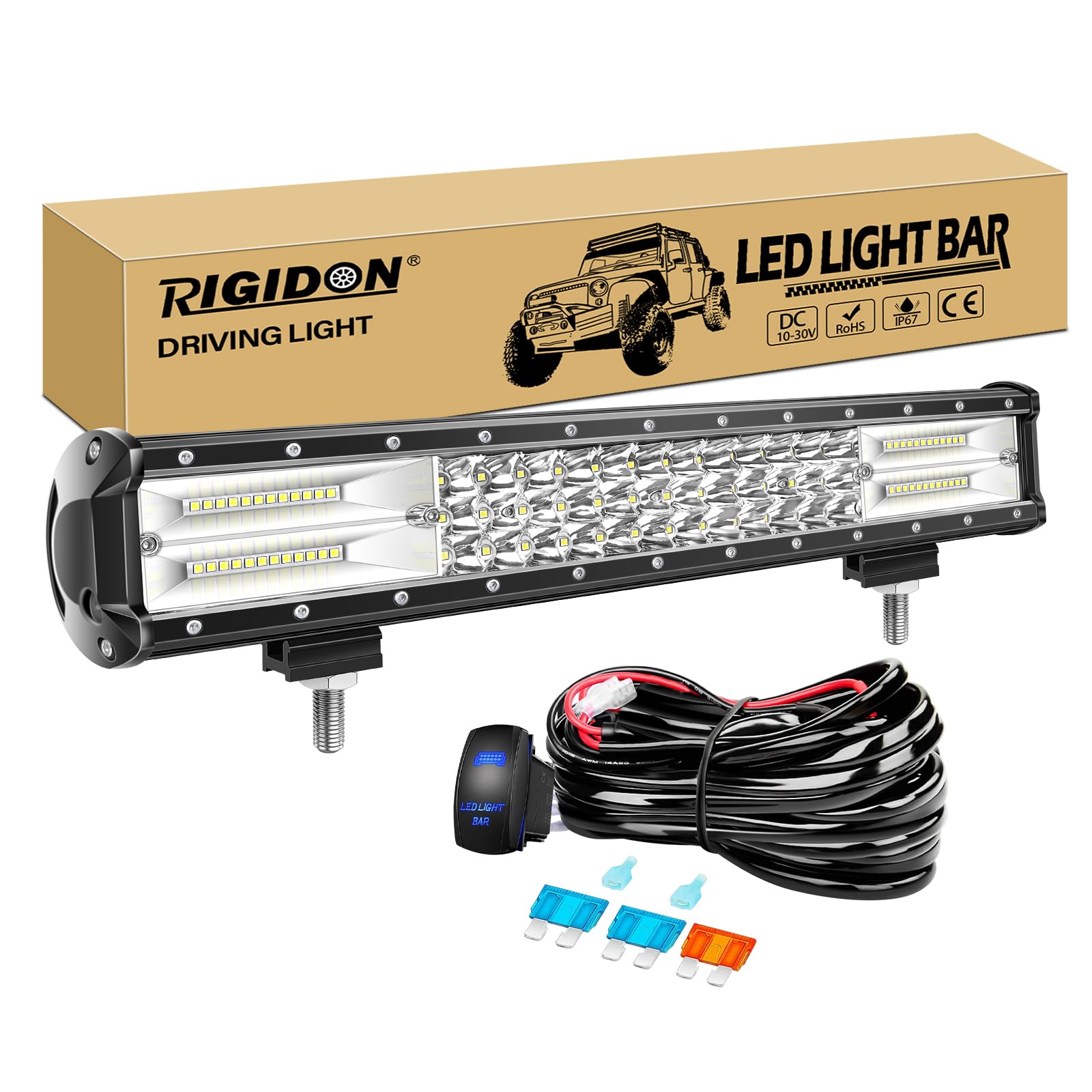 RIGIDON 18 Zoll 45cm 252W Wasserdichte Led lichtleiste kfz mit 12v kabelbaum kit, Offroad beleuchtung bar für Auto SUV ATV, LKW 4x4, Fahrzeuge, 6000K Weiß led nebelscheinwerfer, Led Work Light Bar von RIGIDON