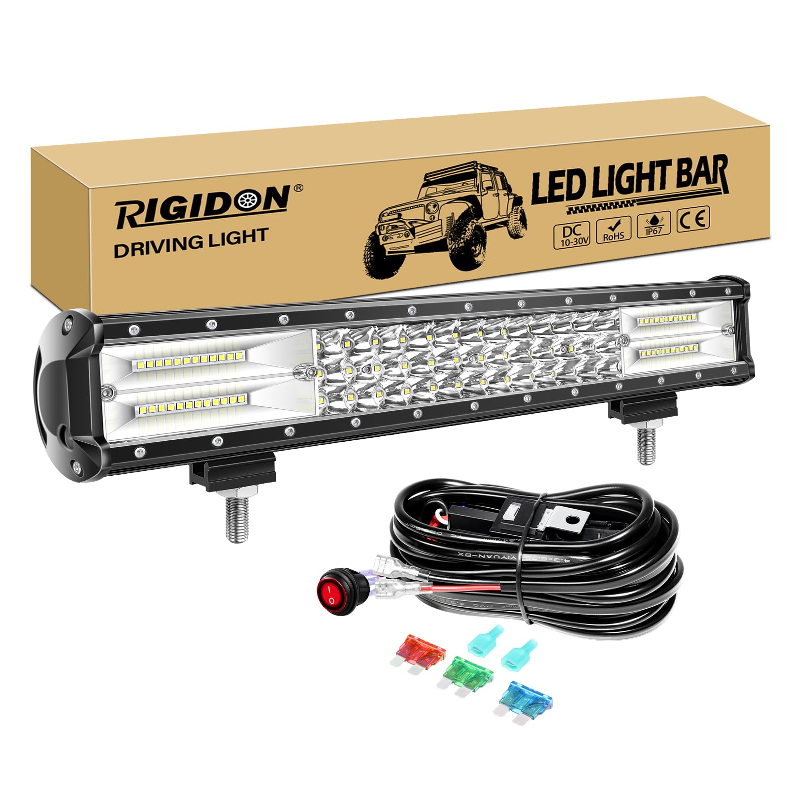 RIGIDON 18 Zoll 45cm 252W Wasserdichte Led lichtleiste kfz mit 12v kabelbaum kit, Offroad beleuchtung bar für Auto SUV UTV ATV, LKW 4x4, Fahrzeuge, 6000K Weiß led nebelscheinwerfer, Led arbeitslicht von RIGIDON