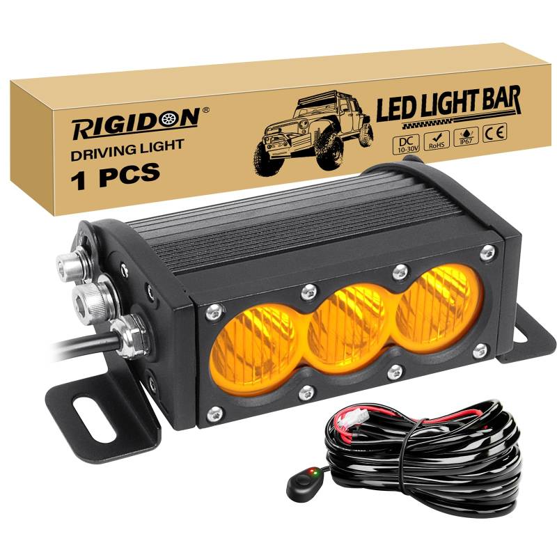 RIGIDON 1x 6 Zoll 19cm 30W Led Lichtleiste mit 12V Kabelbaum Kit, Wasserdicht Gelb Offroad Beleuchtung für Auto ATV LKW KFZ Fahrzeuge 4x4, Led Nebelscheinwerfer, Zusatzscheinwerfer von RIGIDON