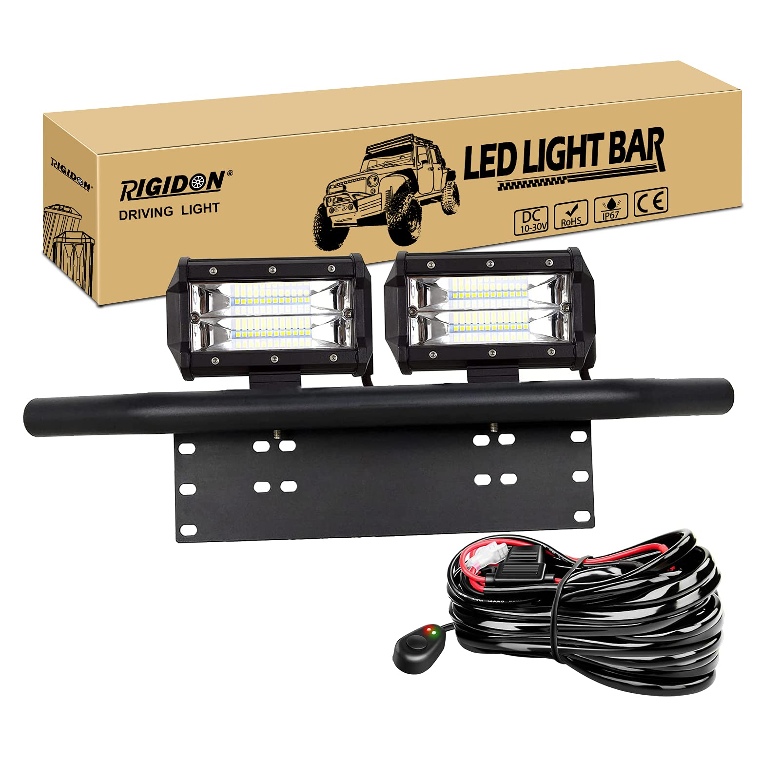 RIGIDON 2 Pcs 5 zoll 13cm 72W led arbeitsscheinwerfer mit 12V kabelbaum und kfz kennzeichenhalterung, Außen led flutlichtstrahler offroad beleuchtung für Auto SUV LKW, 4x4 Fahrzeuge, 6000K Weiß von RIGIDON