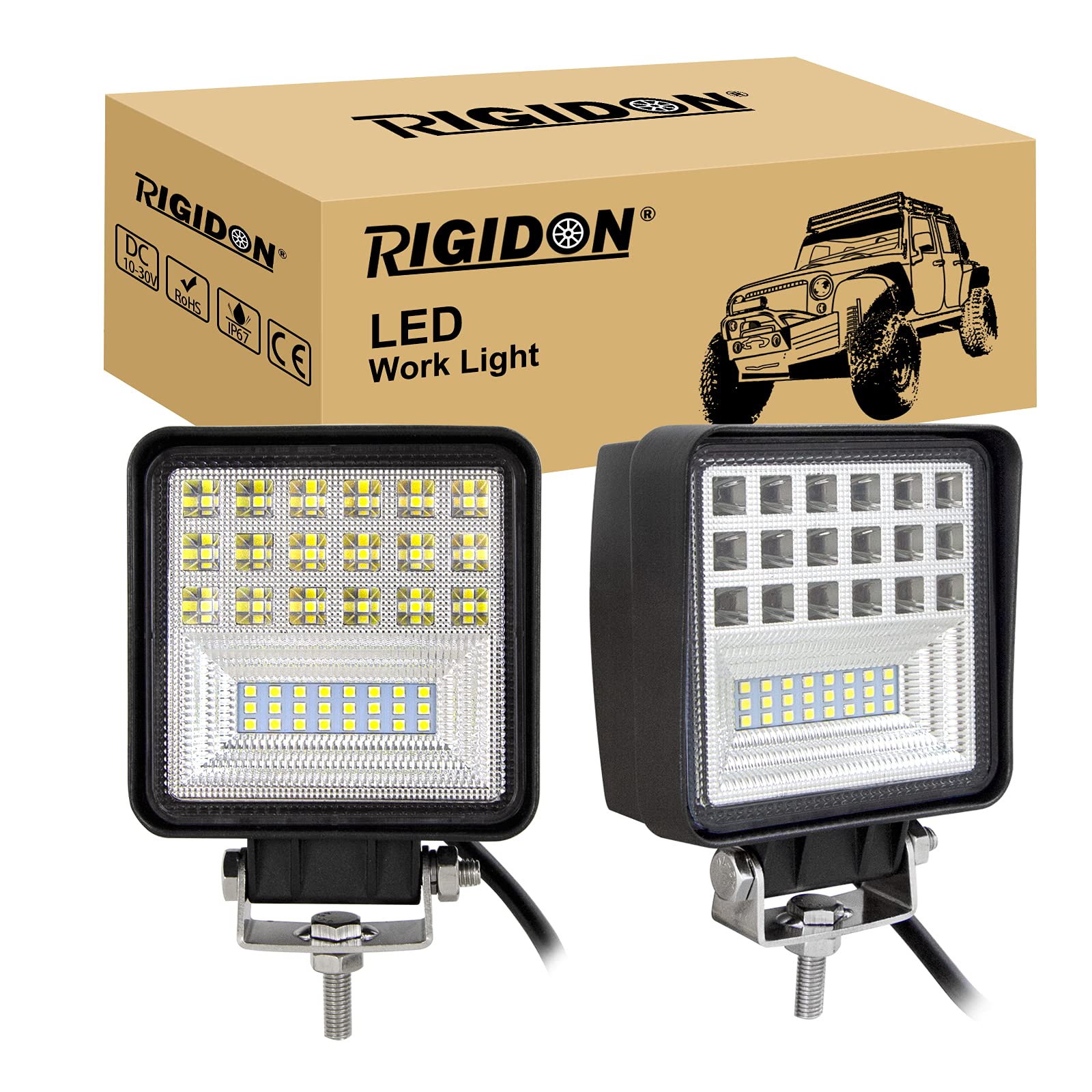 RIGIDON 2 Pcs Auto Quad Scheinwerfer, 4 Zoll 10cm 126W Spot Flood Combo Offroad Beleuchtung für SUV ATV, Traktor, LKW, 4x4, 6000K led nebelscheinwerfer, led arbeitsscheinwerfer, led arbeitslicht von RIGIDON