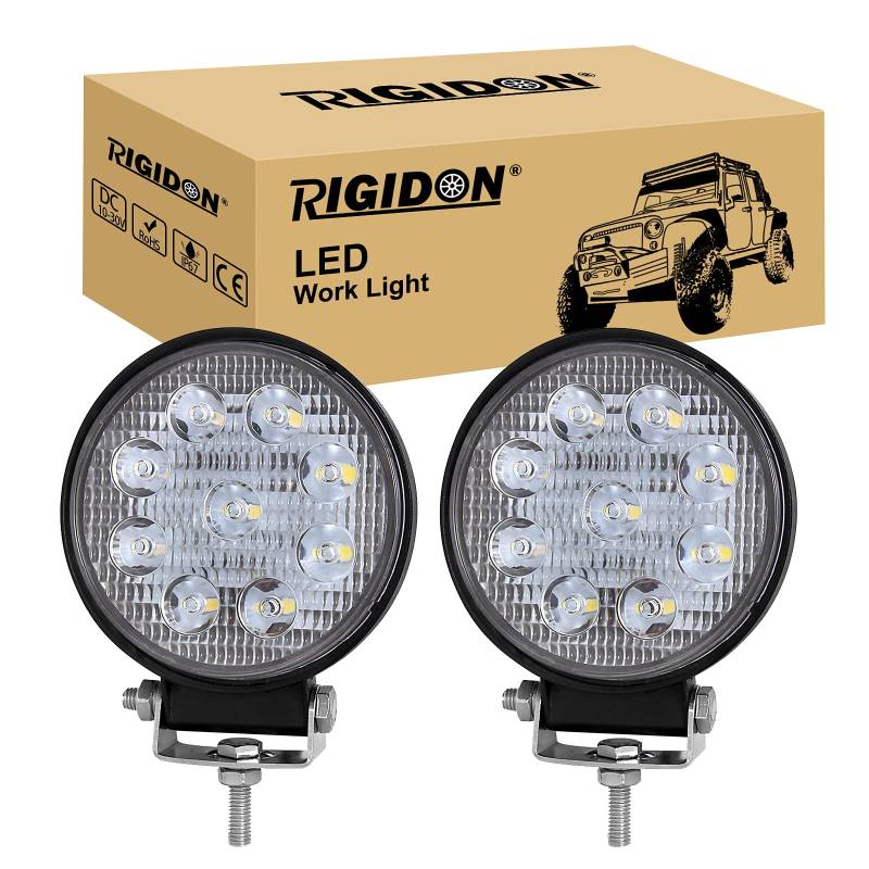 RIGIDON 2 Pcs Auto rund Scheinwerfer, 4 Zoll 10cm 27W Spot Strahler Offroad Beleuchtung für Auto SUV ATV, Traktor, LKW, 4x4, 6000K led nebelscheinwerfer, led arbeitsscheinwerfer, led arbeitslicht von RIGIDON