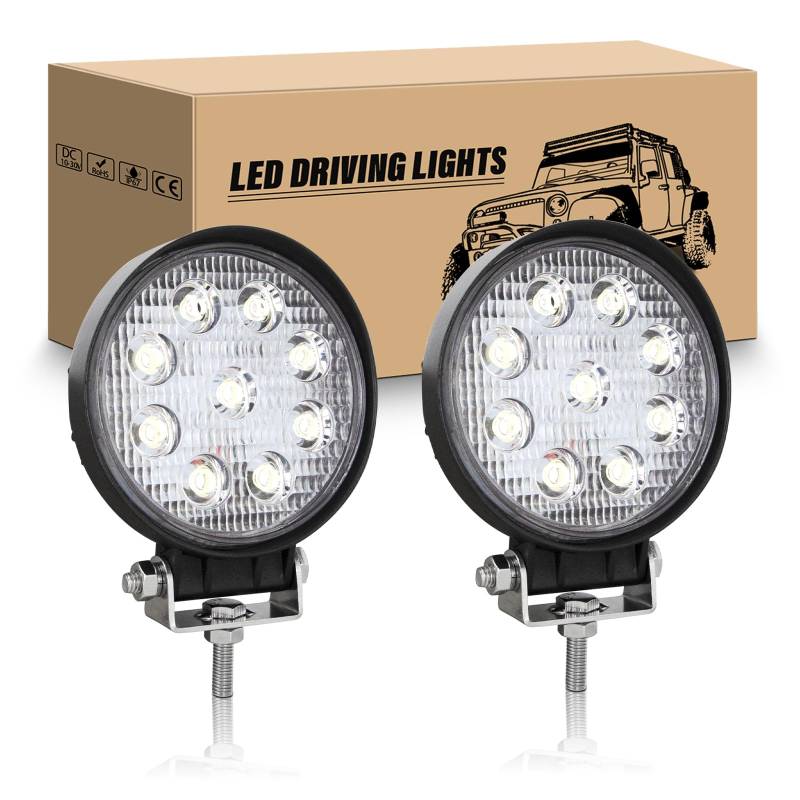 RIGIDON 2 Pcs LED Scheinwerfer 4" 10cm 27W LED Arbeitsscheinwerfer Rund 12V 24V Flutlicht Zusatzscheinwerfer Auto Wasserdicht für Offroad Traktor SUV ATV LKW 4x4, 6000K LED Rückfahrscheinwerfer von RIGIDON