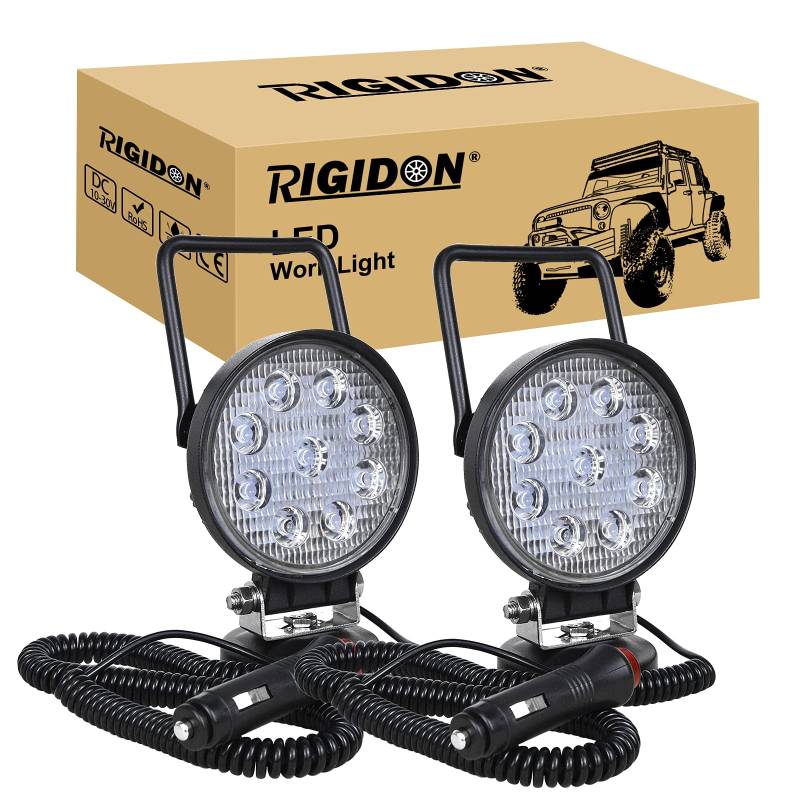 RIGIDON 2 Pcs Led arbeitsscheinwerfer mit magnetfuß, 12V 24V 4 Zoll 10cm 27W led flutstrahler, offroad beleuchtung für Auto SUV ATV, Traktor, LKW, 4x4, Boot,6000K led suchscheinwerfer, arbeitslicht von RIGIDON