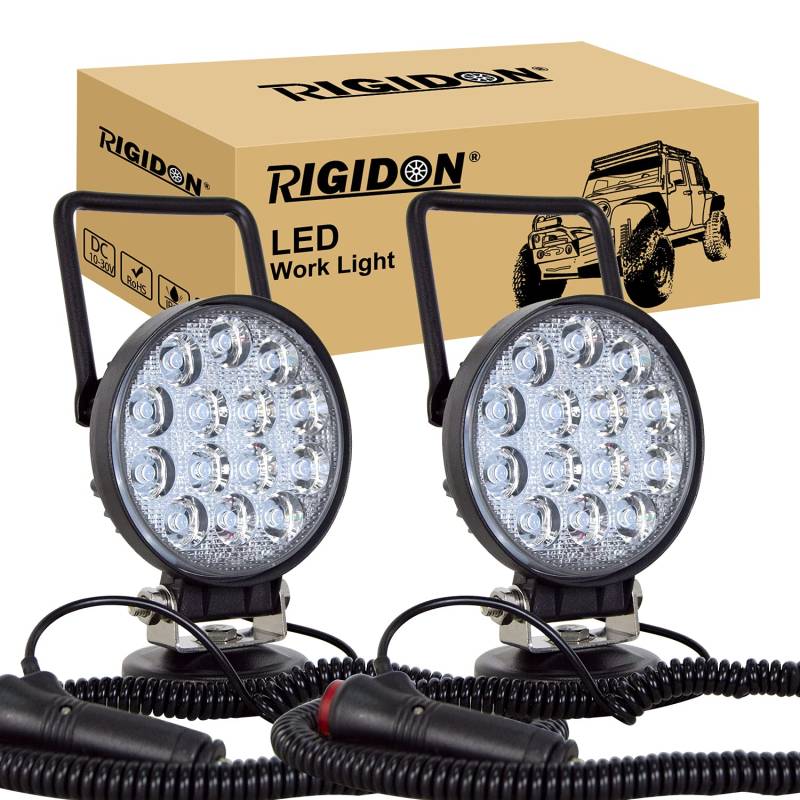 RIGIDON 2 Pcs Led arbeitsscheinwerfer mit magnetfuß, 12V 24V 4 Zoll 10cm 42W led flutstrahler, offroad beleuchtung für Auto SUV ATV, Traktor, LKW, 4x4, Boot,6000K led suchscheinwerfer, arbeitslicht von RIGIDON