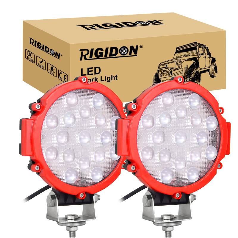 RIGIDON 2 Pcs Rot Auto rund scheinwerfer, 12V 24V 7 Zoll 18cm 51W led Spot Strahler, offroad beleuchtung für SUV ATV, Traktor, LKW, 4x4 6000K led nebelscheinwerfer, led arbeitsscheinwerfer von RIGIDON