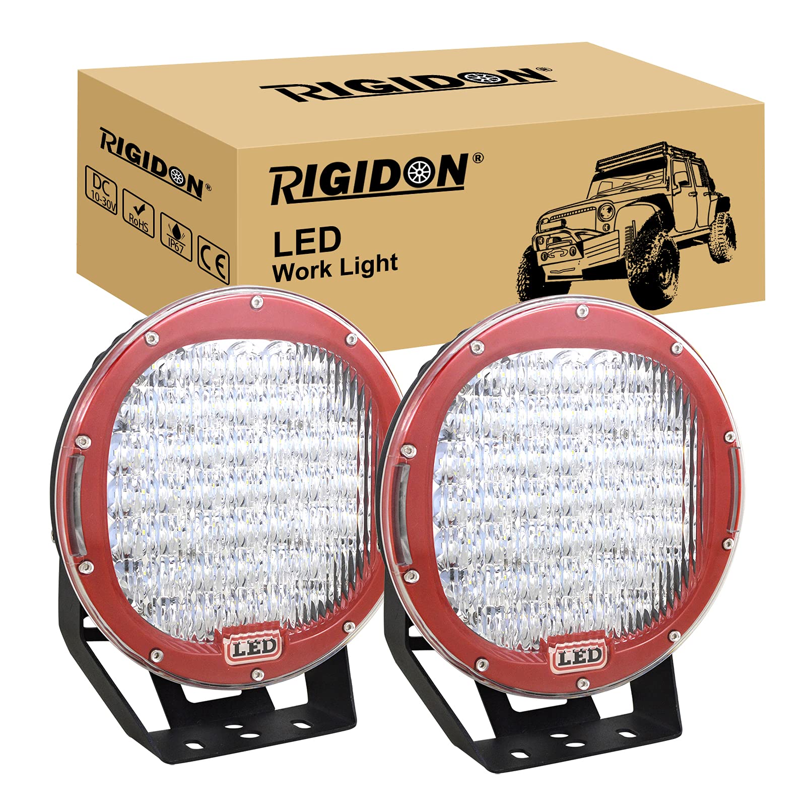 RIGIDON 2 Pcs Rot Auto rund Scheinwerfer, 9 Zoll 23cm 225W led flutstrahler, Offroad Beleuchtung für SUV ATV, Traktor, LKW, 4x4 6000K led nebelscheinwerfer, led arbeitslicht arbeitsscheinwerfer von RIGIDON