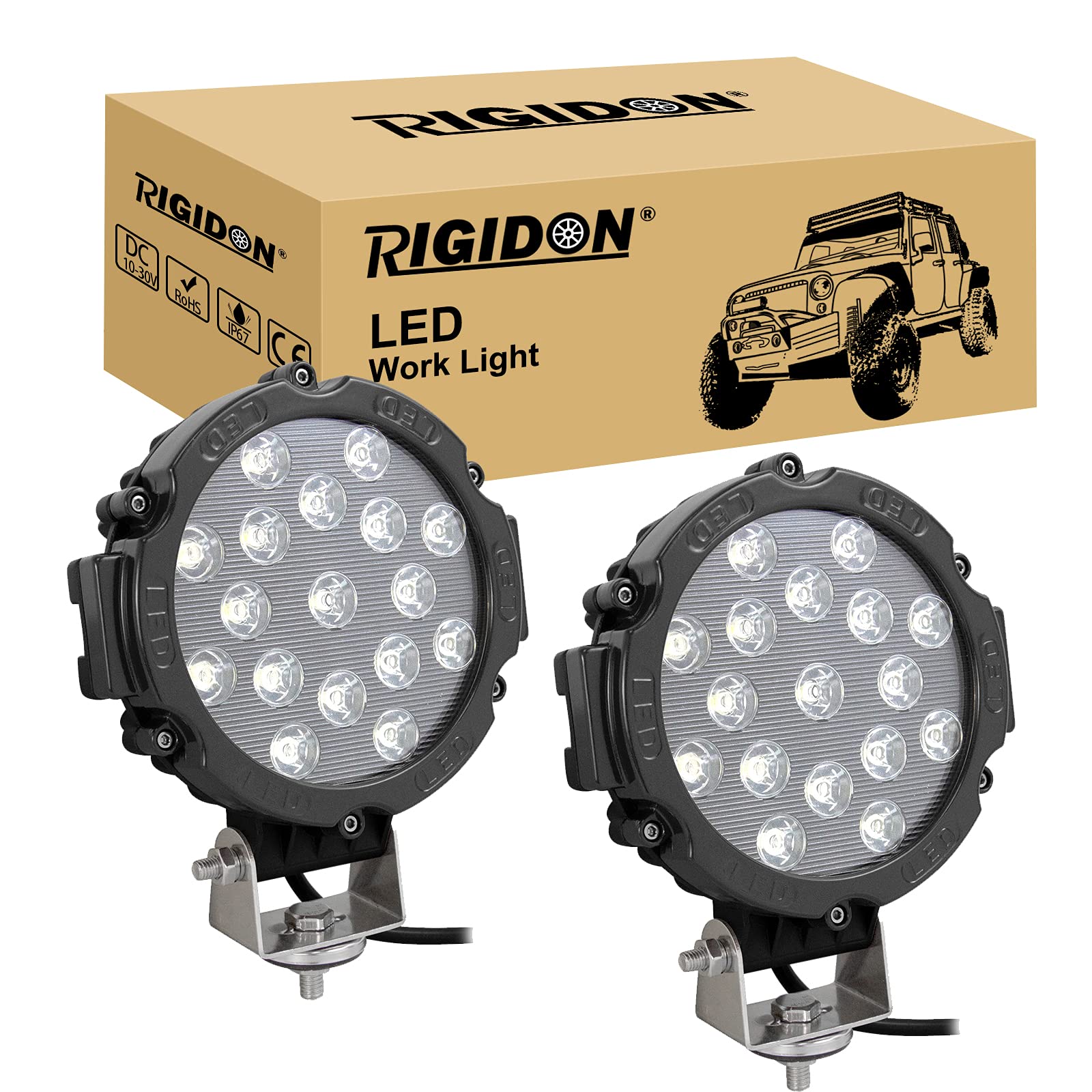 RIGIDON 2 Pcs Schwarz Auto rund scheinwerfer, 12V 24V 7 Zoll 18cm 51W led flutstrahler, offroad beleuchtung für SUV ATV, Traktor, LKW, 4x4 6000K led nebelscheinwerfer, led arbeitsscheinwerfer von RIGIDON