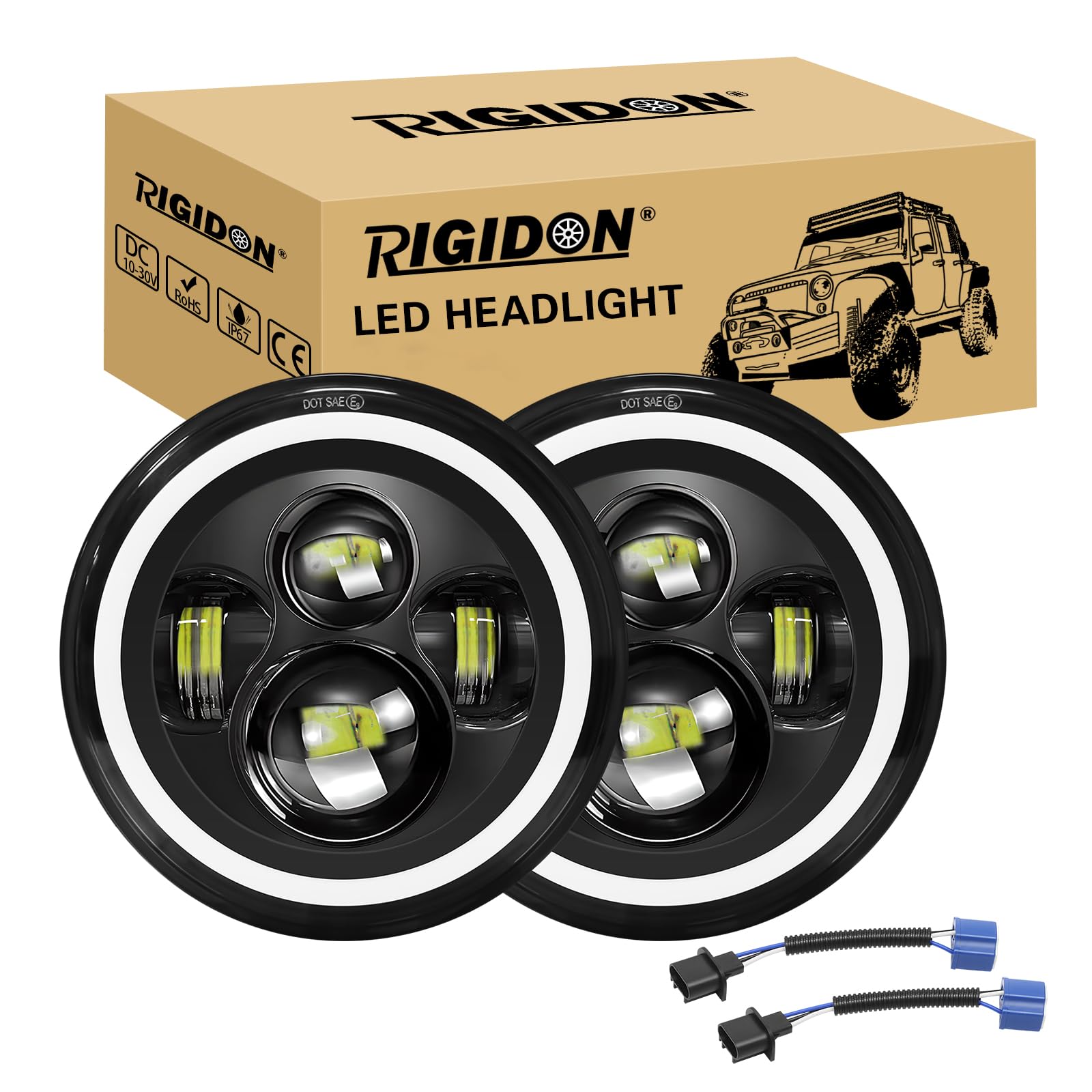 RIGIDON 2 Stück 7 Zoll Runde Scheinwerfer, 50W 5000LM Weißer Bernstein 3000K+6000K 4 Modi Fahrscheinwerfer Feuer Kreuz DRL HI LO Strahler offroad beleuchtung für Auto Wrangler JK TJ LJ CJ Humm-er JP von RIGIDON