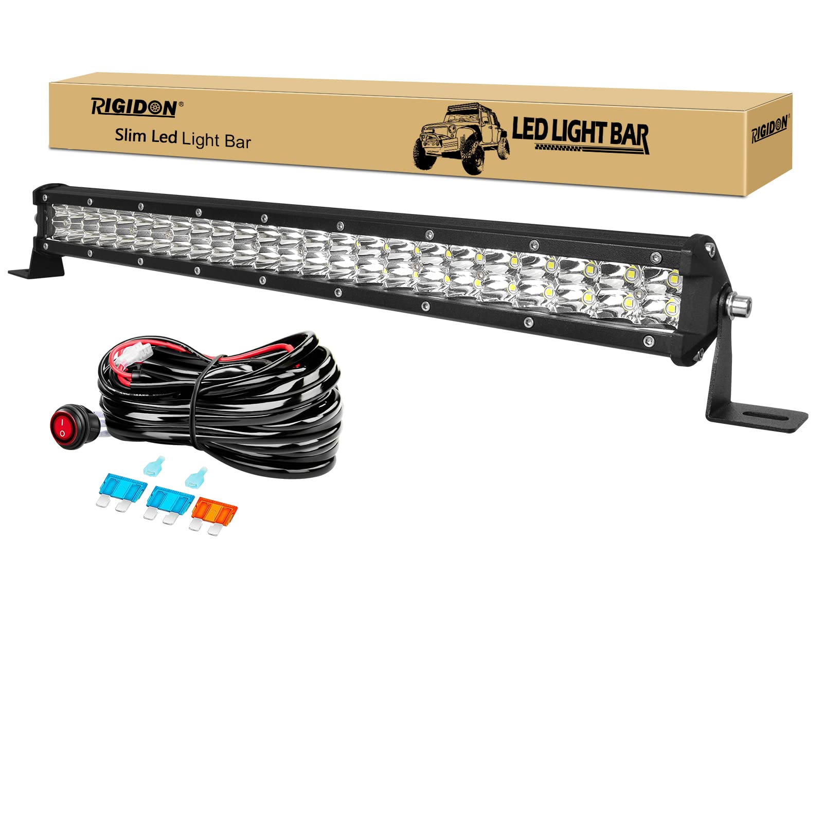 RIGIDON 20 Zoll 50 cm 144W Spot außen alu led lichtleiste mit 12V kabelbaum kit, Wasserdicht warmweiß offroad beleuchtung für Auto SUV ATV SUV LKW Traktor Fahrzeuge 4x4, Led nebelscheinwerfer 6000K von RIGIDON