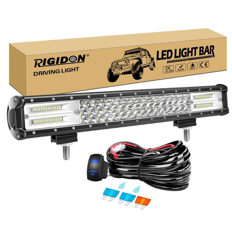 RIGIDON 20 Zoll 50cm 288W wasserdichte Led lichtleiste kfz mit 12v kabelbaum kit, Offroad Beleuchtung bar für Auto SUV ATV, LKW 4x4, Fahrzeuge, 6000K Weiß led nebelscheinwerfer, Led Work Light Bar von RIGIDON