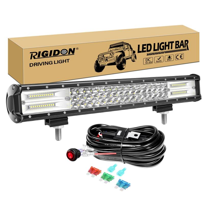 RIGIDON 20 Zoll 50cm 288W Wasserdichte Led lichtleiste kfz mit 12v kabelbaum kit, Offroad beleuchtung bar für Auto SUV UTV ATV, LKW 4x4, Fahrzeuge, 6000K Weiß led nebelscheinwerfer, Led arbeitslicht von RIGIDON