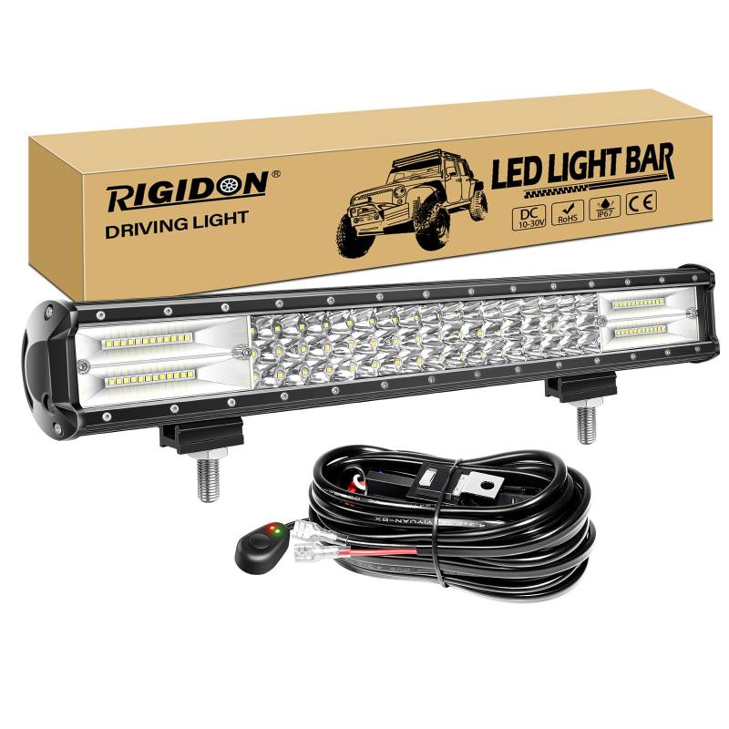 RIGIDON 20 Zoll 51 cm 288W Led Lichtbalken Mit Kabelbaum 12V 6000K Weiß Zusatzscheinwerfer Bar Spot Flut-Combo-Strahl Arbeitsscheinwerfer bar für SUV Offroad ATV UTV Traktor LKW 4x4 Auto von RIGIDON