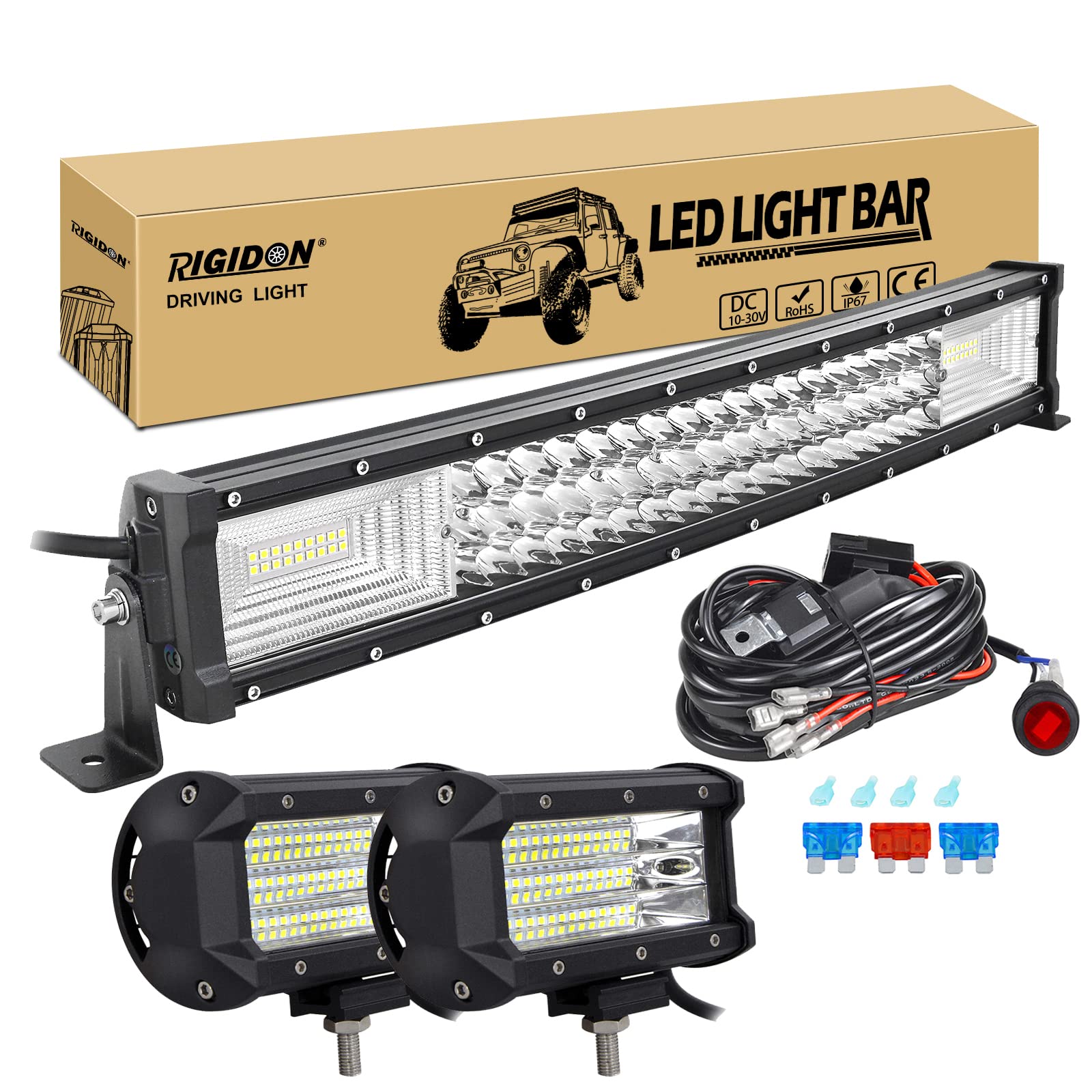 RIGIDON 22 Zoll 55 cm 270W gebogene led lichtleiste mit 12v kabelbaum kit, 2x 5 zoll 135W Flood led arbeitsscheinwerfer, Wasserdicht warmweiß offroad beleuchtung für Auto Offroad LKW KFZ Traktor 4x4 von RIGIDON