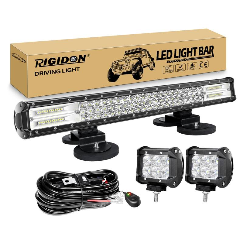 RIGIDON 23 Zoll 58 cm 324W Led Lichtbalken Mit 12V Kabelbaum, Magnet halterungen, 2 Pcs 4 Zoll 18W Arbeitsscheinwerfer bar für SUV Offroad ATV UTE Traktor LKW 4x4 Auto, 6000K Nebelscheinwerfer von RIGIDON