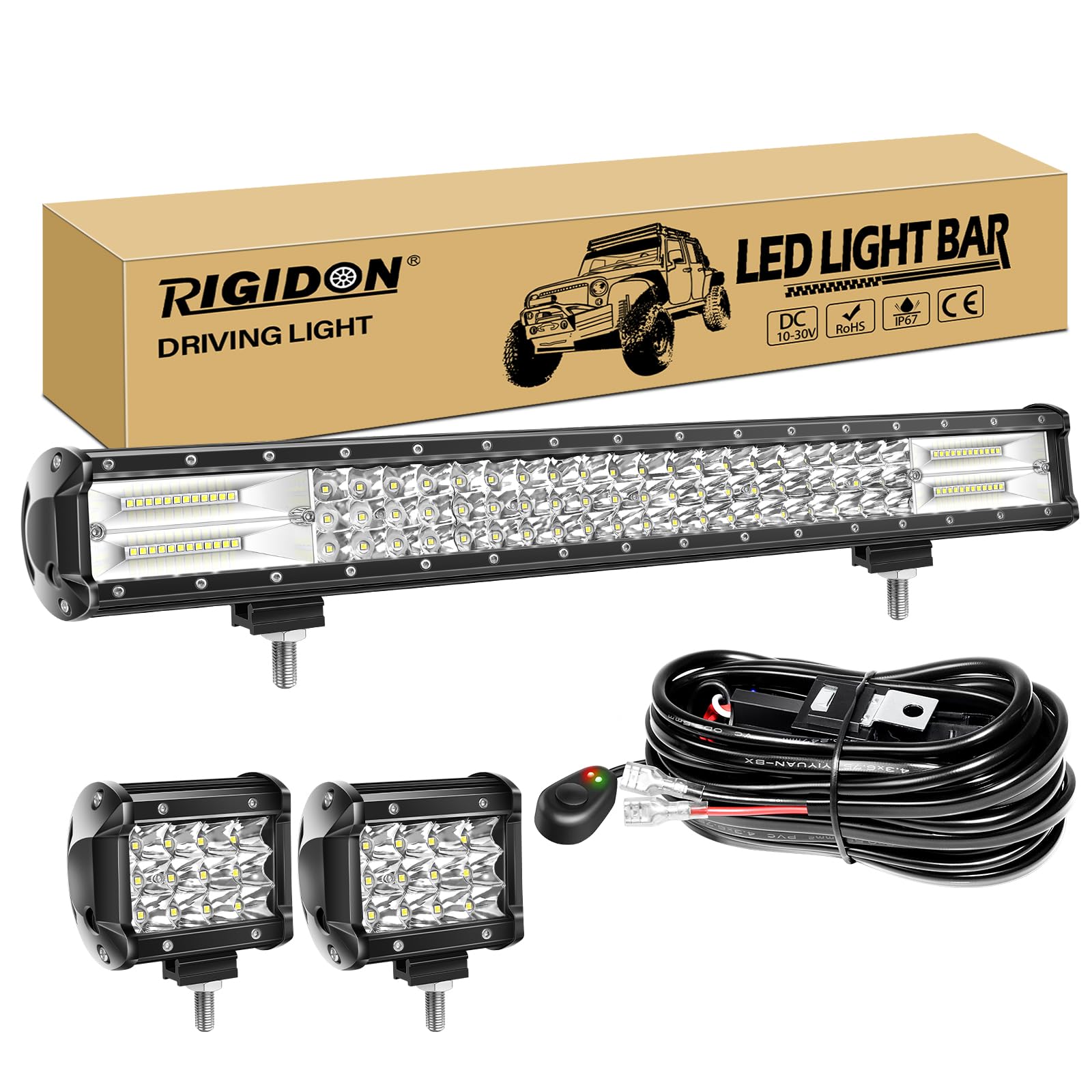 RIGIDON 23 Zoll 58 cm 324W led lichtbalken mit 12V kabelbaum und 2 pcs 4 zoll 36W strahler spot arbeitsscheinwerfer bar für SUV Offroad ATV UTV Traktor LKW 4x4 Auto, 6000K Weiß led scheinwerfer von RIGIDON