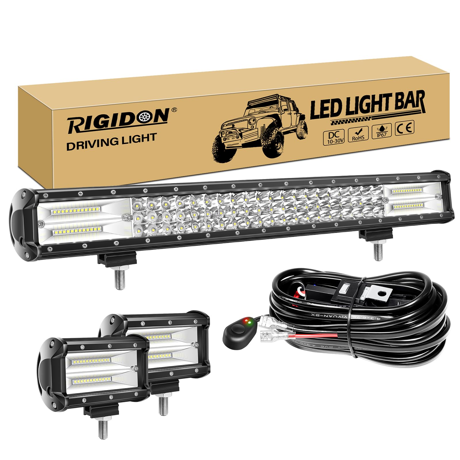 RIGIDON 23 Zoll 58 cm 324W led lichtbalken mit 12V kabelbaum und 2 pcs 5 zoll 135W flutlichtstrahler arbeitsscheinwerfer bar für SUV Offroad ATV UTV Traktor LKW 4x4 Auto kfz, 6000K led scheinwerfer von RIGIDON