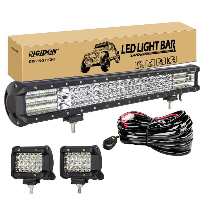 RIGIDON 23 Zoll 58 cm 570W led lichtbalken mit 12V kabelbaum und 2 pcs 4 zoll 60W außen strahler spot arbeitsscheinwerfer bar für SUV Offroad ATV Traktor LKW 4x4 kfz Auto, 6000K Weiß scheinwerfer von RIGIDON