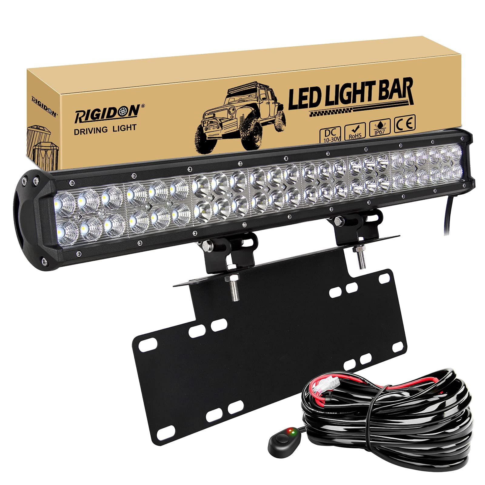 RIGIDON 23 Zoll 58cm 144W Led lichtleiste mit rahmenlose kennzeichenhalterung schwarz, 12V kabelbaum kit, Offroad beleuchtung für Auto SUV ATV LKW 4x4, 6000K led nebelscheinwerfer, Led scheinwerfer von RIGIDON