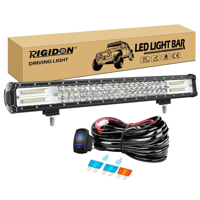 RIGIDON 23 Zoll 58cm 324W Wasserdichte Led lichtleiste kfz mit 12v kabelbaum kit, Offroad beleuchtung bar für Auto SUV ATV, LKW 4x4, Fahrzeuge, 6000K Weiß led nebelscheinwerfer, Led Work Light Bar von RIGIDON