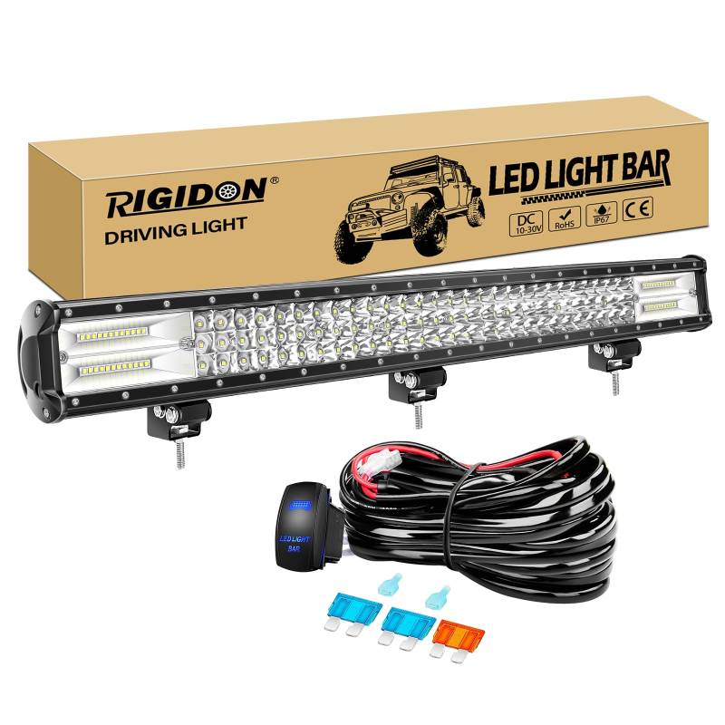 RIGIDON 28 Zoll 70cm 396W Wasserdichte Led lichtleiste kfz mit 12v kabelbaum kit, Offroad beleuchtung bar für Auto SUV ATV, LKW 4x4, Fahrzeuge, 6000K Weiß led nebelscheinwerfer, Led Work Light Bar von RIGIDON