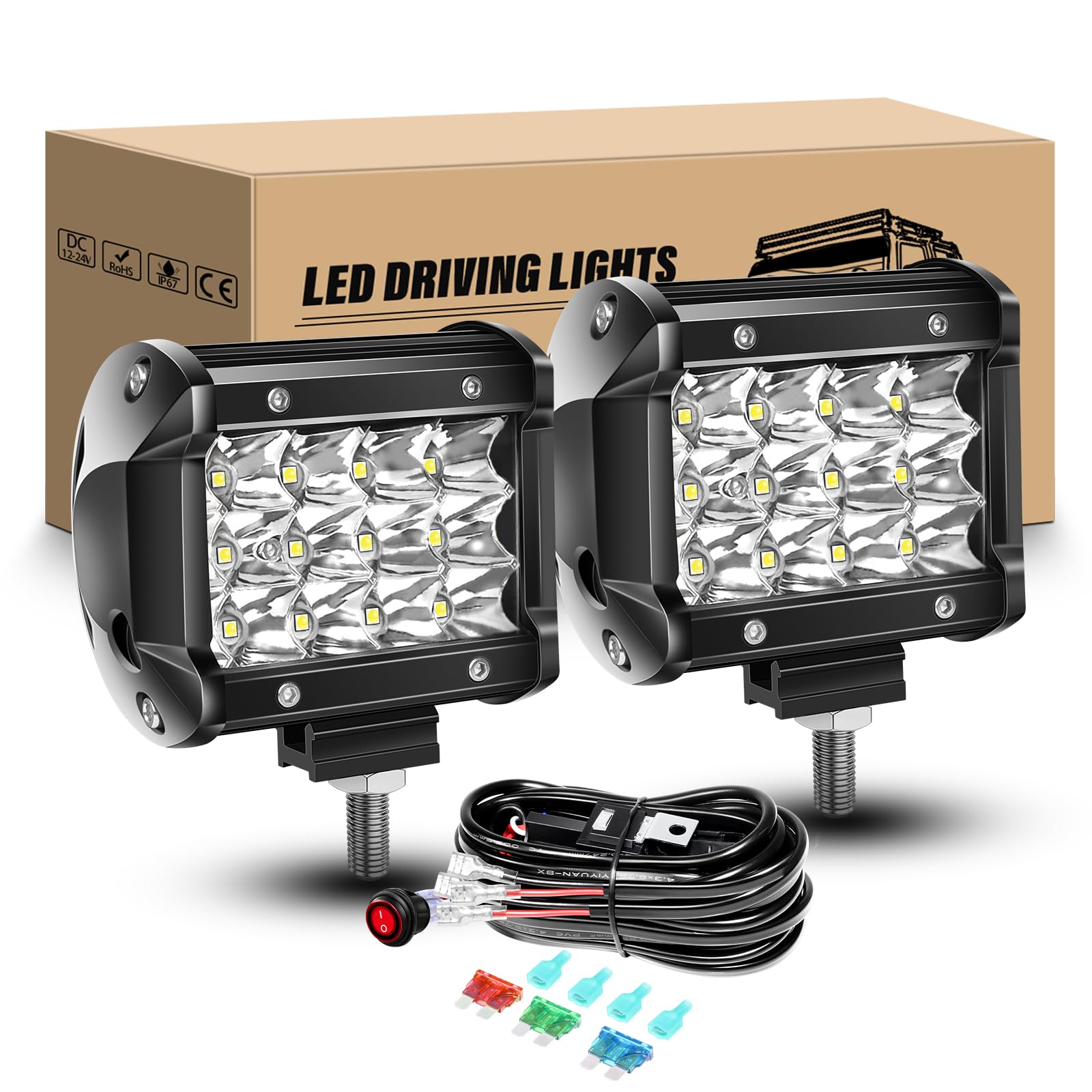 RIGIDON 2Pcs 10cm 4 Zoll 36W Led Scheinwerfer mit 12V Kabelbaum, LED Arbeitsscheinwerfer Bar Arbeitslicht für 4x4 Offroad Auto Traktor SUV UTV ATV PKW LKW Fahrzeuge, 6000K Weiß Rückfahrscheinwerfer von RIGIDON