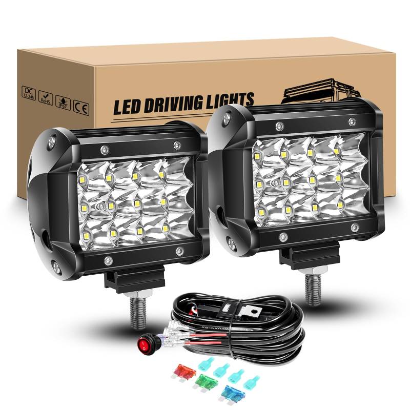 RIGIDON 2Pcs 10cm 4 Zoll 36W Led scheinwerfer mit 12V Kabelbaum, LED Arbeitsscheinwerfer Bar Arbeitslicht für 4x4 Offroad Auto Traktor SUV UTV ATV PKW LKW Fahrzeuge, 6000K Weiß Rückfahrscheinwerfer von RIGIDON