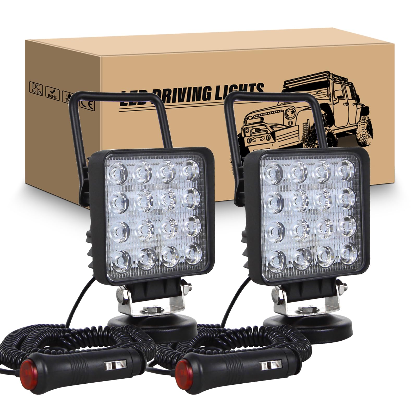 RIGIDON 2Pcs Led arbeitsscheinwerfer mit magnetfuß, 4 Zoll 48W led flutstrahler auto magnet 12V offroad beleuchtung für Auto SUV ATV Traktor LKW 4x4 Boot,6000K led suchscheinwerfer, arbeitslicht von RIGIDON