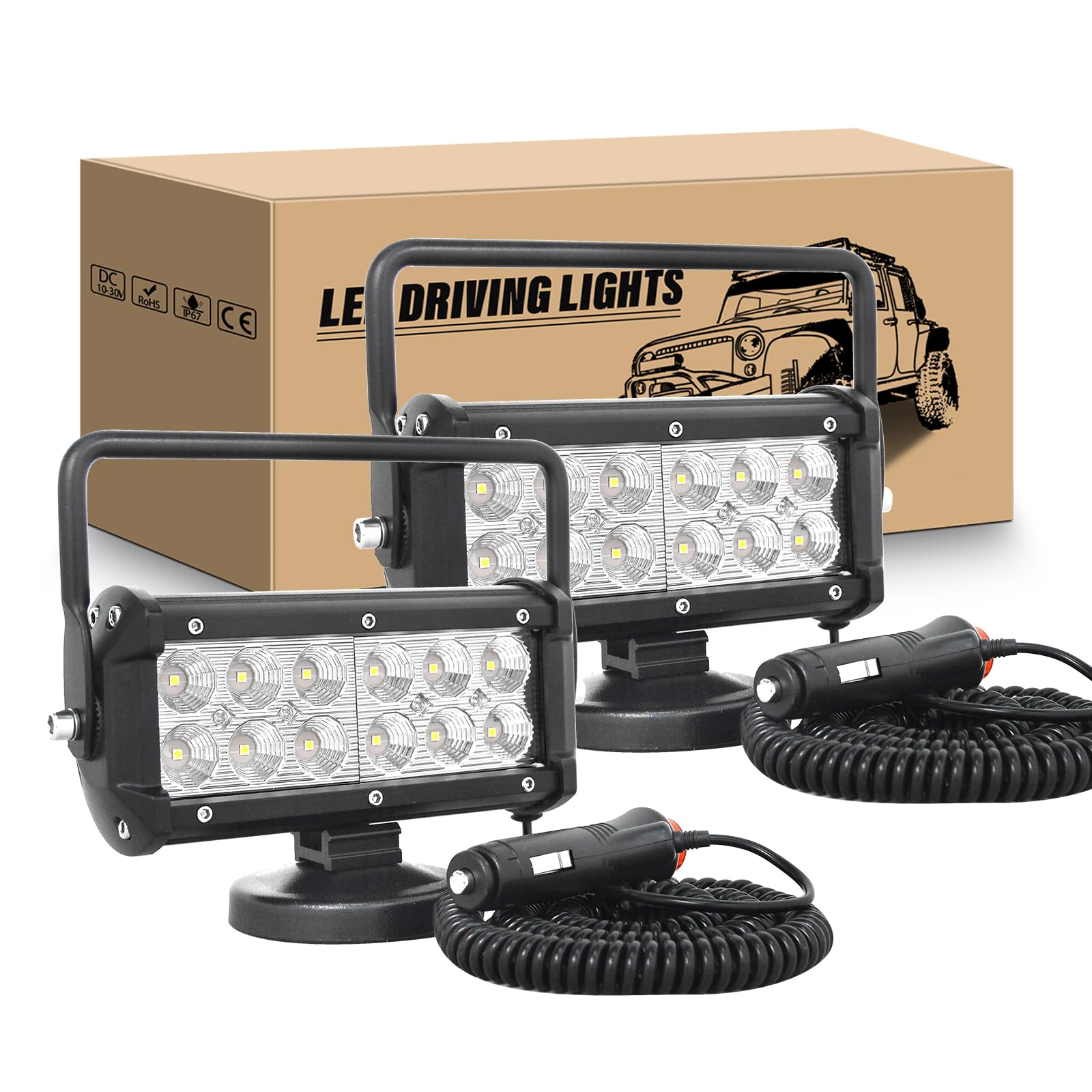 RIGIDON 2Pcs Led arbeitsscheinwerfer mit magnetfuß, 7 Zoll 18cm 36W led flutstrahler auto magnet 12V offroad beleuchtung für Auto SUV ATV Traktor LKW 4x4 Boot,6000K led suchscheinwerfer, arbeitslicht von RIGIDON