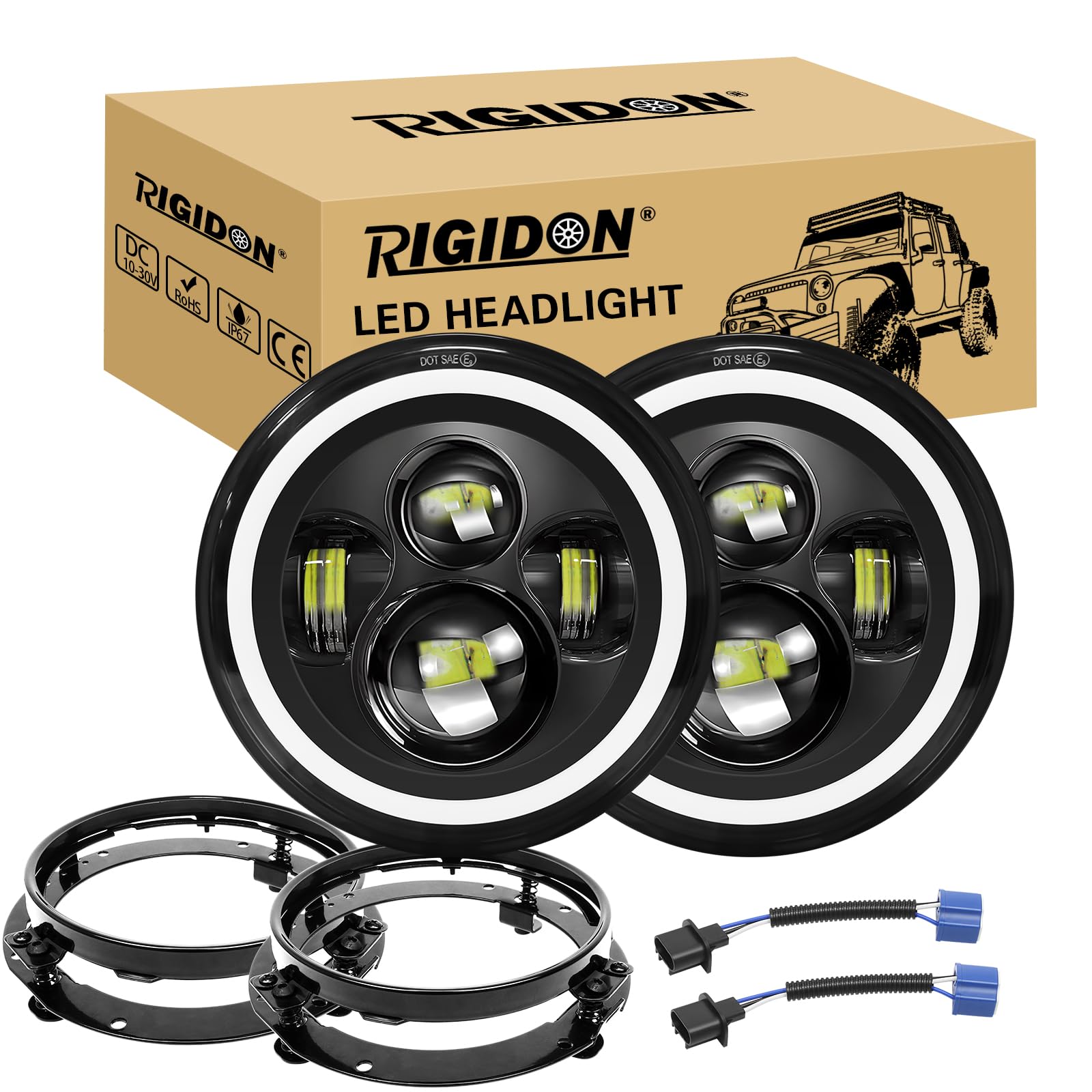 RIGIDON 2x 7 Zoll Runde Scheinwerfer Mit Rundring Halterung, 50W 5000LM 3000K+6000K 4 Modi Fahrscheinwerfer Feuer Kreuz DRL HI LO Strahler offroad beleuchtung für Auto Wrangler JK TJ LJ CJ Humm-er JP von RIGIDON