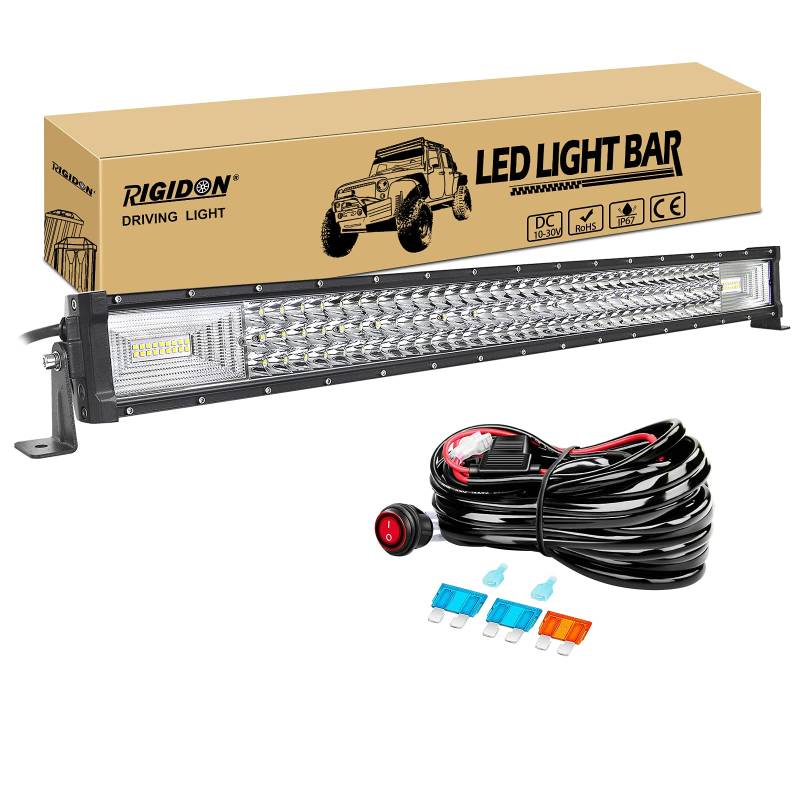 RIGIDON 32 Zoll 80 cm 405W außen alu led lichtleiste mit 12v kabelbaum kit, Wasserdicht warmweiß offroad beleuchtung für Auto Offroad ATV LKW KFZ Traktor Fahrzeuge 4x4, Slim led nebelscheinwerfer von RIGIDON