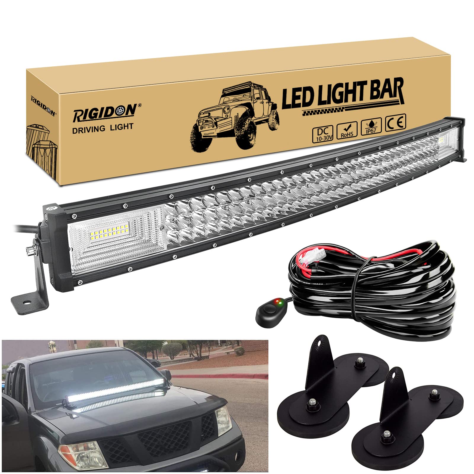 RIGIDON 32 Zoll 80cm 405W Gebogene led lampe, Dreireihige Led lichtleiste kfz mit 12v kabelbaum kit und magnet halterung,Offroad beleuchtung für Auto SUV ATV, UTV, LKW 4x4, Fahrzeuge, 6000K Weiß von RIGIDON