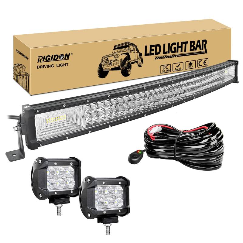 RIGIDON 32 Zoll 80cm 405W gebogene led lampe, Dreireihige Led lichtleiste kfz mit 12v kabelbaum kit, 2 pcs 4 zoll 18W flutstrahler, Offroad beleuchtung für Auto SUV ATV, UTV, LKW 4x4, Fahrzeuge von RIGIDON