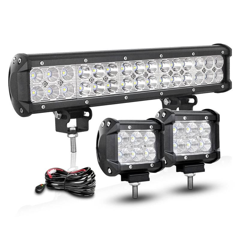 RIGIDON 38cm 90W LED Arbeitsscheinwerfer Bar mit 12V Kabelbaum kit, 2 Pcs 10cm 18W Flutlicht Led Scheinwerfer Offroad Wasserdicht für 4x4 Auto Traktor SUV ATV 6000K Weiß Zusatzscheinwerfer von RIGIDON