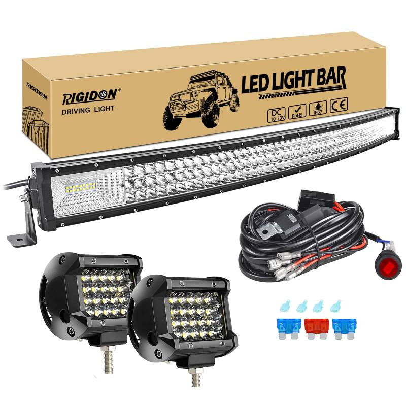 RIGIDON 42 Zoll 105 cm 540W gebogene led lichtleiste mit 12v kabelbaum kit, 2x 4 zoll spot led arbeitsscheinwerfer, Wasserdicht warmweiß offroad beleuchtung für Auto Offroad LKW KFZ Traktor 4x4, 6000K von RIGIDON