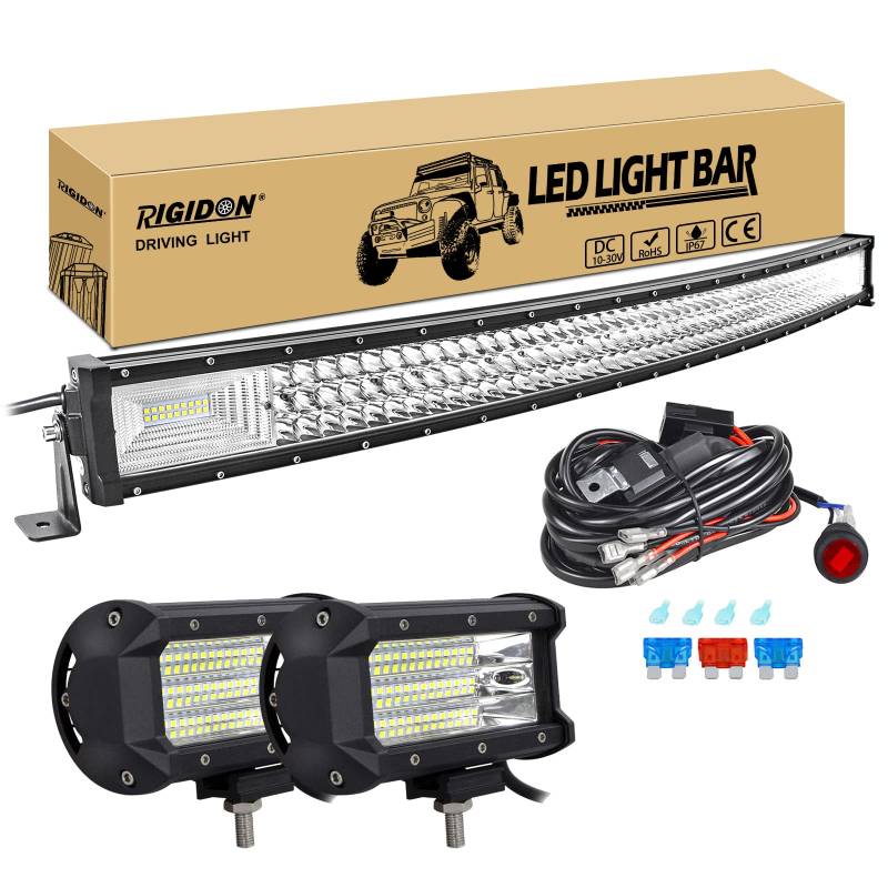 RIGIDON 42 Zoll 105 cm 540W gebogene led lichtleiste mit 12v kabelbaum kit, 2x 5 zoll 135W Flood led arbeitsscheinwerfer, Wasserdicht warmweiß offroad beleuchtung für Auto Offroad LKW KFZ Traktor 4x4 von RIGIDON