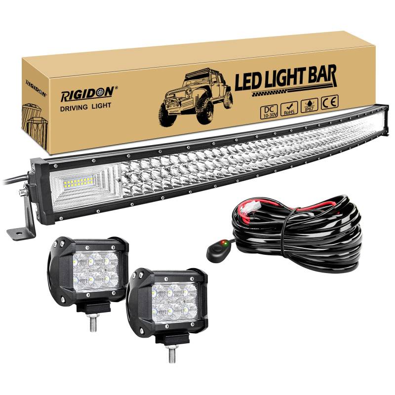 RIGIDON 42 Zoll 105cm 540W gebogene led lampe, Dreireihige Led lichtleiste kfz mit 12v kabelbaum kit, 2 pcs 4 zoll 18W flutstrahler, Offroad beleuchtung für Auto SUV ATV, UTV, LKW 4x4, Fahrzeuge von RIGIDON