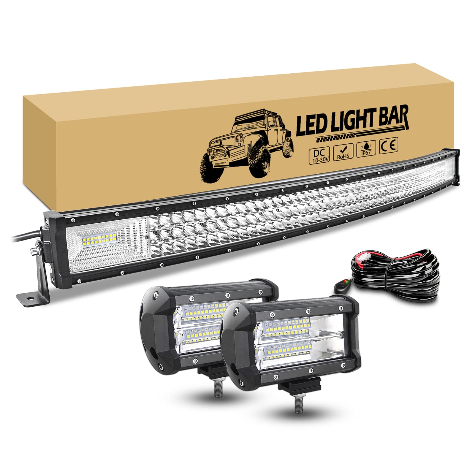 RIGIDON 42 zoll 107cm 540W gebogen led arbeitsscheinwerfer bar mit 12v kabelbaum kit, 2 x 13cm 72W led flutstrahler offroad beleuchtung, led lichtleiste kfz für auto lkw traktor 4x4 fahrzeuge von RIGIDON