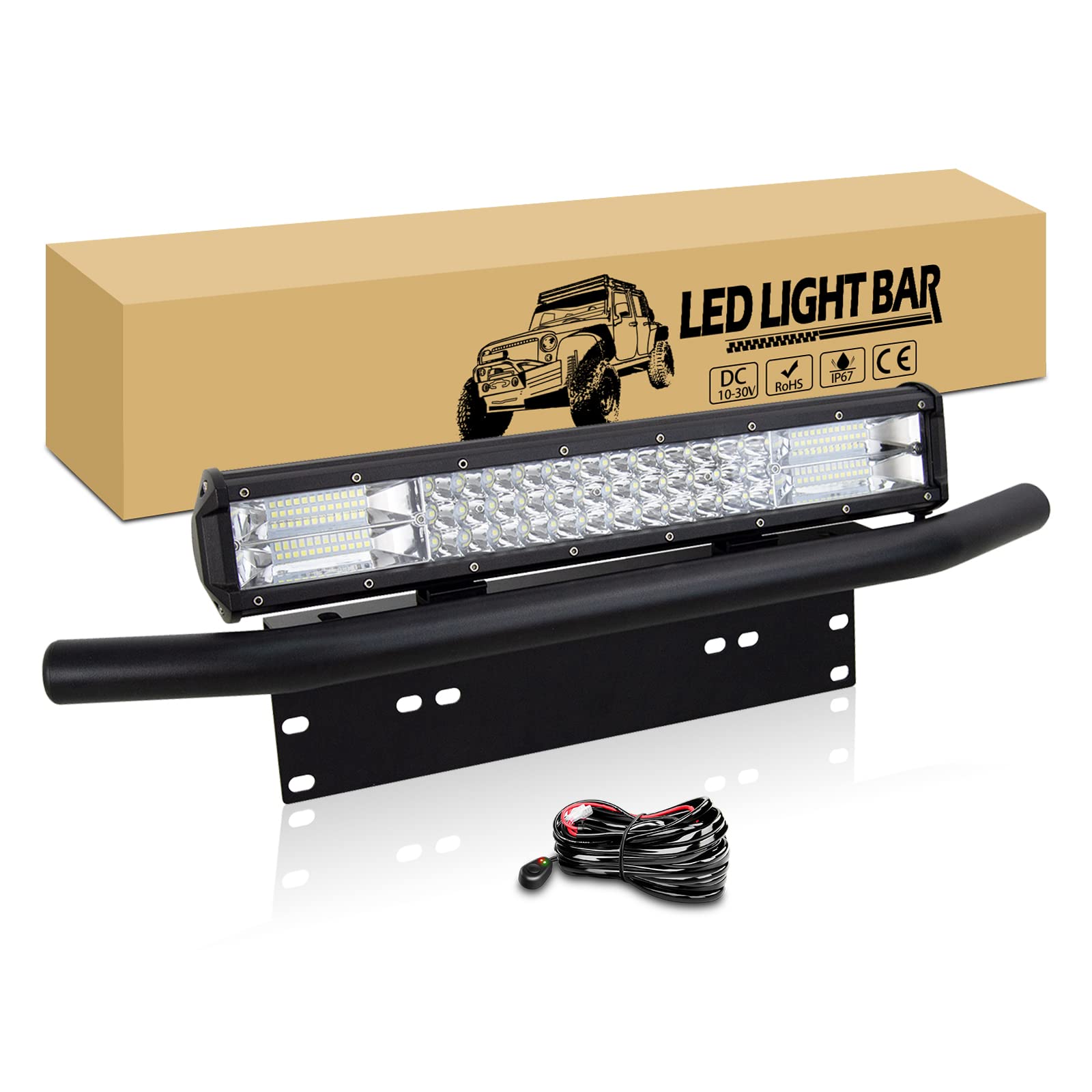 RIGIDON 45cm 252W dreireihig led arbeitsscheinwerfer bar, nummernschildhalter halterung kfz und 12v kabelbaum kit, offroad beleuchtung lichtleiste für 4x4 Auto Traktor SUV PKW LKW Fahrzeuge von RIGIDON