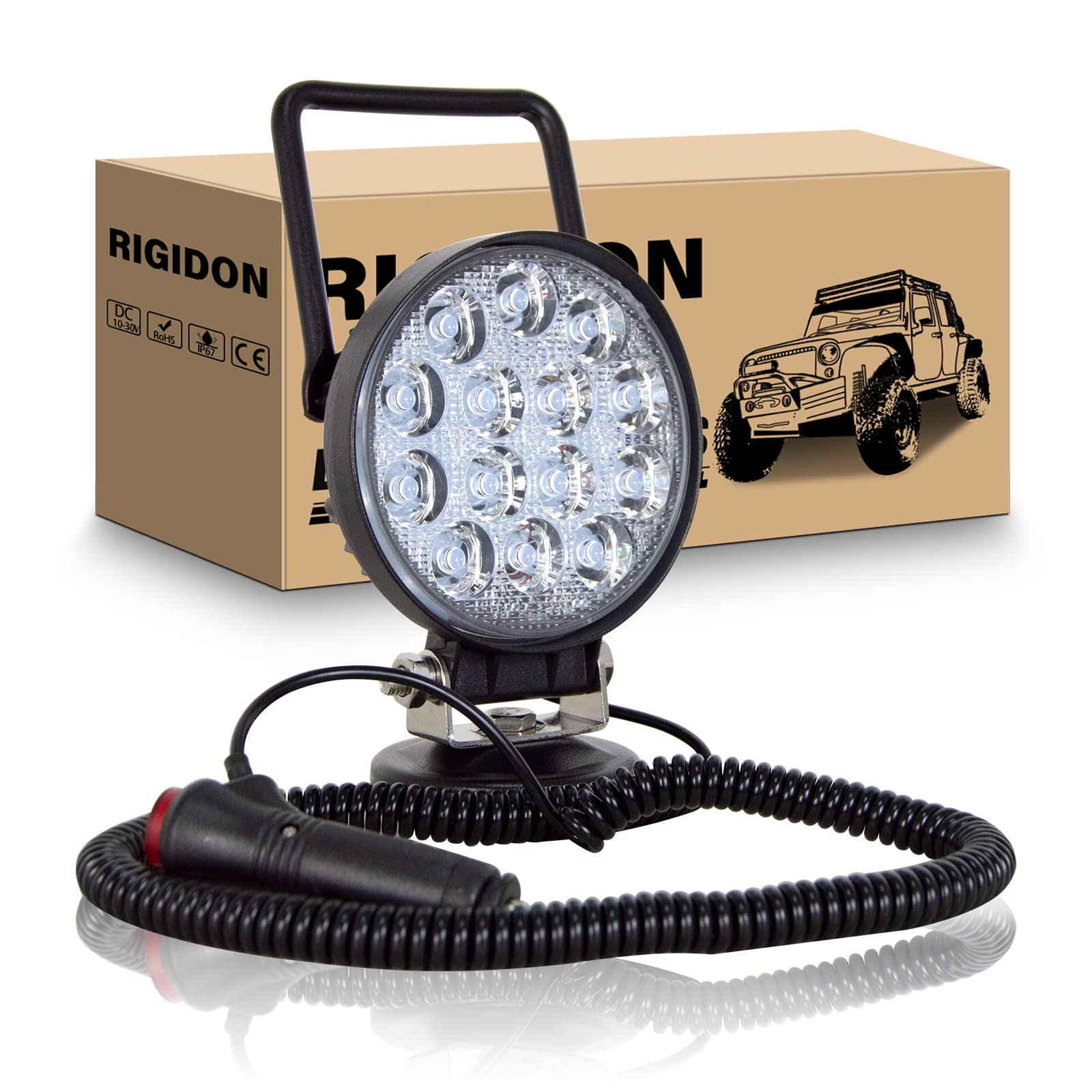 RIGIDON 4 Zoll 10cm 42W Led arbeitsscheinwerfer mit magnetfuß, 12V 24V Runden led flutstrahler, offroad beleuchtung arbeitslicht für Auto SUV ATV Traktor LKW 4x4 Boot, 6000K weiß led suchscheinwerfer von RIGIDON