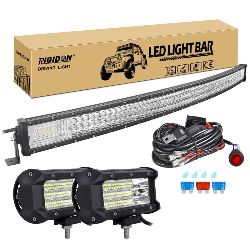 RIGIDON 50 Zoll 127 cm 648W gebogene led lichtleiste mit 12v kabelbaum kit, 2x 5 zoll 135W Flood led arbeitsscheinwerfer, Wasserdicht warmweiß offroad beleuchtung für Auto Offroad LKW KFZ Traktor 4x4 von RIGIDON