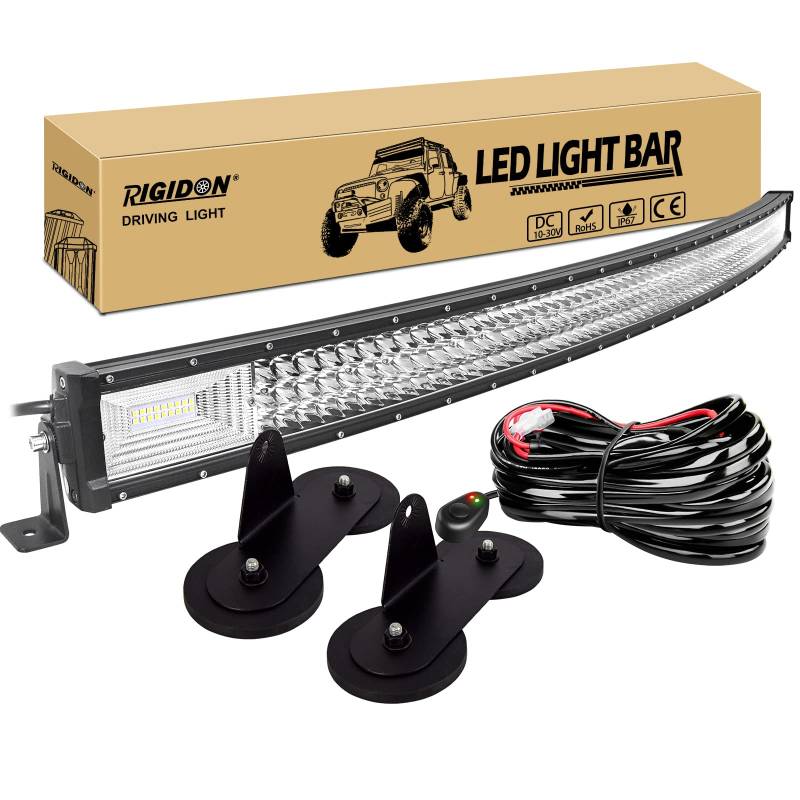 RIGIDON 50 Zoll 127cm 648W Gebogene led lampe, Dreireihige Led lichtleiste kfz mit 12v kabelbaum kit und magnet halterung,Offroad beleuchtung für Auto SUV ATV, UTV, LKW 4x4, Fahrzeuge, 6000K Weiß von RIGIDON