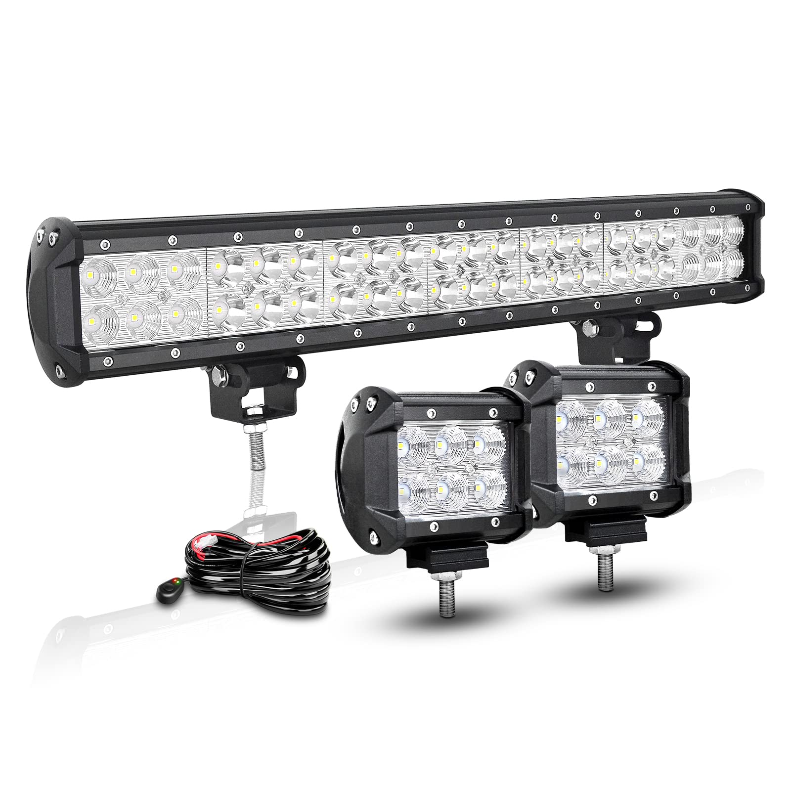 RIGIDON 51cm 126W LED Arbeitsscheinwerfer Bar mit 12V Kabelbaum kit, 2 Pcs 10cm 18W Flutlicht Led Scheinwerfer Offroad Wasserdicht für 4x4 Auto Traktor SUV ATV 6000K Weiß Zusatzscheinwerfer von RIGIDON