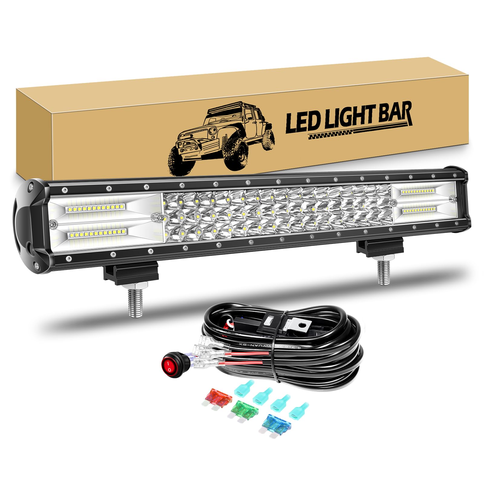 RIGIDON 51cm 288W Led lichtbalken mit Kabelbaum, LED Arbeitsscheinwerfer Bar Lichtleiste Arbeitslicht für 4x4 Offroad Auto Traktor SUV UTV ATV PKW LKW Fahrzeuge, 6000K Weiß Zusatzscheinwerfer von RIGIDON