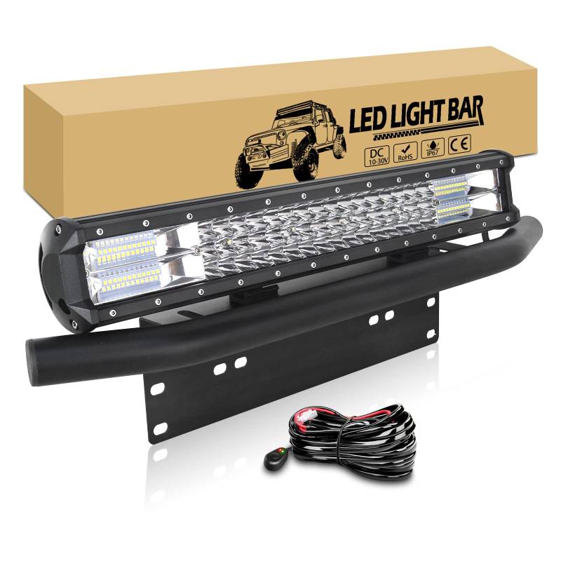 RIGIDON 51cm 288W dreireihig led arbeitsscheinwerfer bar, nummernschildhalter halterung kfz und 12v kabelbaum kit, offroad beleuchtung lichtleiste für 4x4 Auto Traktor SUV PKW LKW Fahrzeuge von RIGIDON