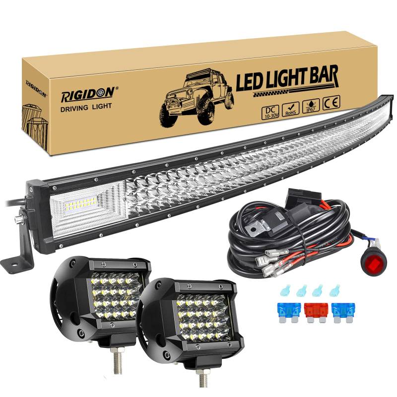 RIGIDON 52 Zoll 130 cm 675W gebogene led lichtleiste mit 12v kabelbaum kit, 2x 4 zoll spot led arbeitsscheinwerfer, Wasserdicht warmweiß offroad beleuchtung für Auto Offroad LKW KFZ Traktor 4x4, 6000K von RIGIDON